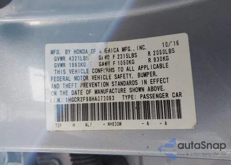 2017 Honda Accord Ex-L z USA, uszkodzony, nr VIN 1HGCR2F98HA073063